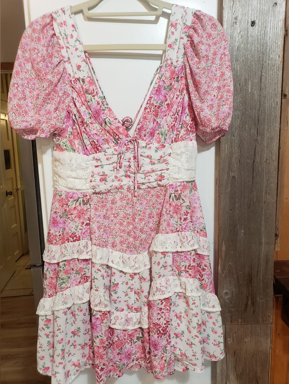 Altar'd State Pink Floral Lace-Trim Tiered Mini Dress
